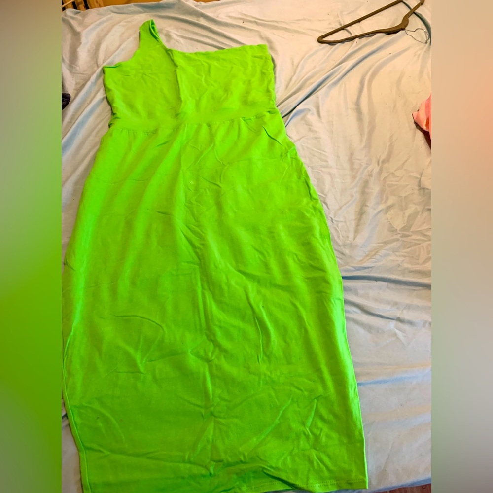 neon green stretch body con midi dress one shoulder strap